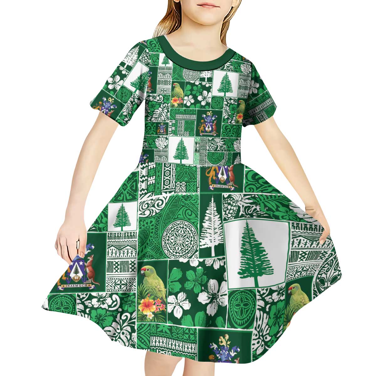 Norfolk Island Meri Krismas Kid Short Sleeve Dress Pacific Patchwork Xmas Vibes - Polynesian Pride
