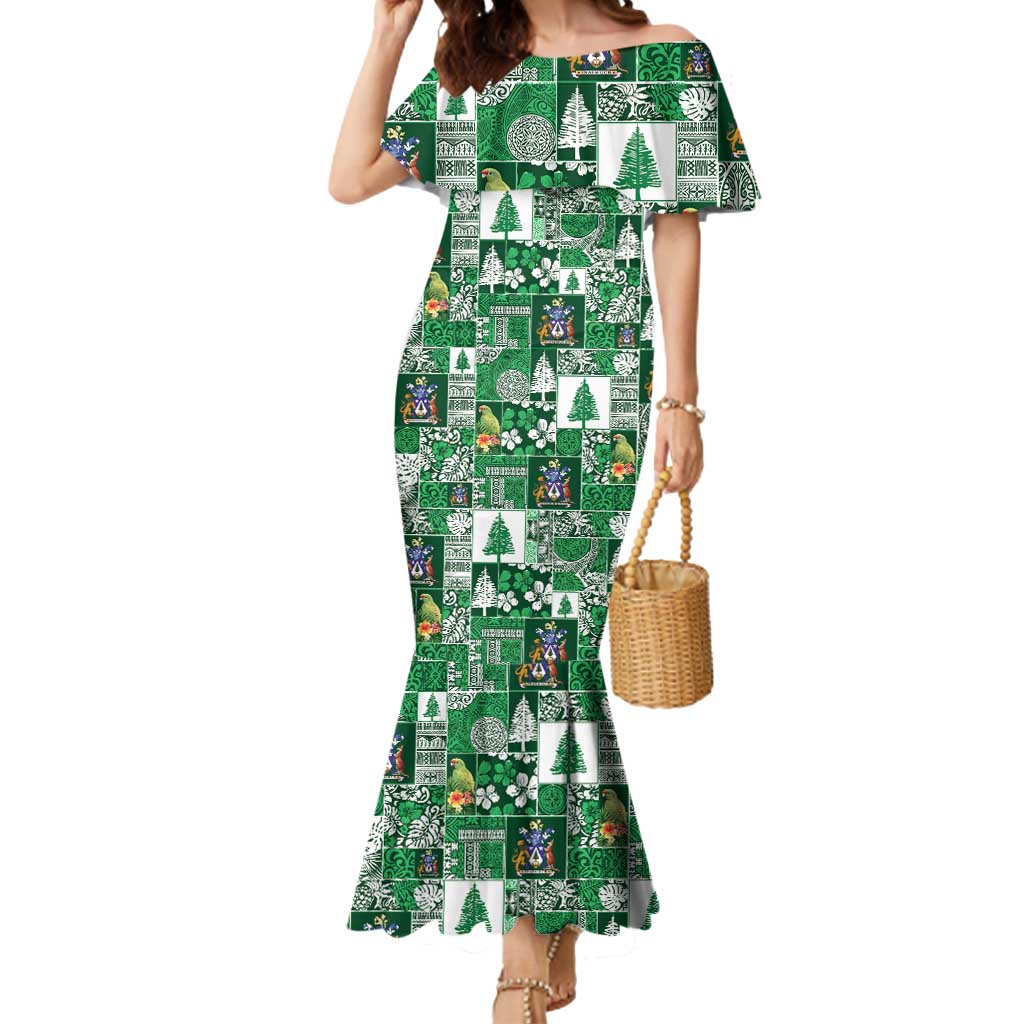 Norfolk Island Meri Krismas Mermaid Dress Pacific Patchwork Xmas Vibes LT9 Women Green - Polynesian Pride