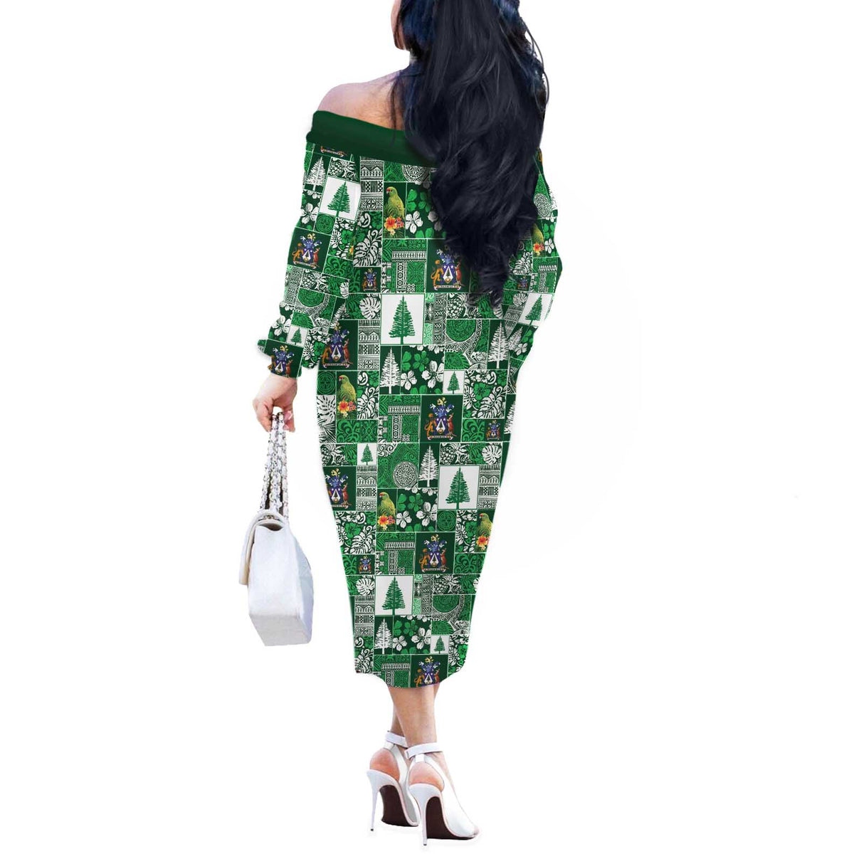 Norfolk Island Meri Krismas Off The Shoulder Long Sleeve Dress Pacific Patchwork Xmas Vibes - Polynesian Pride