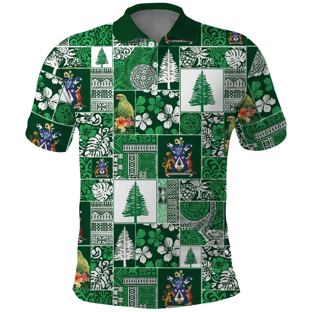 Norfolk Island Meri Krismas Polo Shirt Pacific Patchwork Xmas Vibes LT9 Green - Polynesian Pride