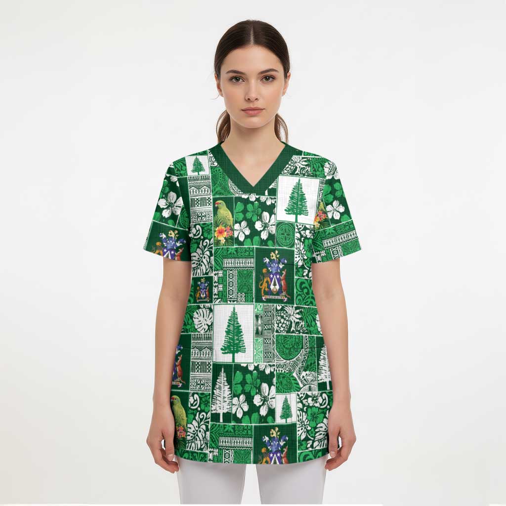 Norfolk Island Meri Krismas Scrub Top Pacific Patchwork Xmas Vibes - Polynesian Pride