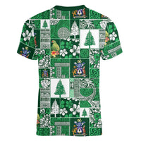Norfolk Island Meri Krismas Women V-Neck T-Shirt Pacific Patchwork Xmas Vibes - Polynesian Pride