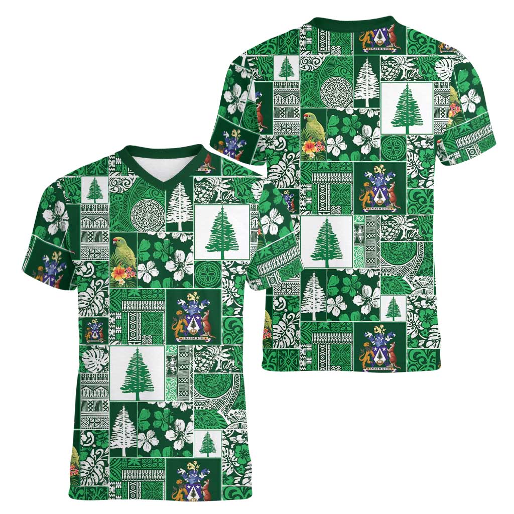 Norfolk Island Meri Krismas Women V-Neck T-Shirt Pacific Patchwork Xmas Vibes - Polynesian Pride