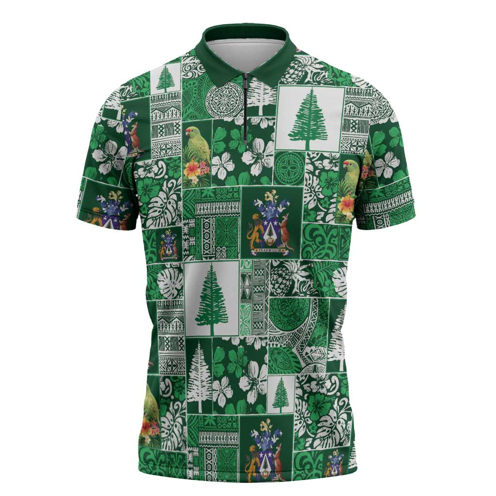 Norfolk Island Meri Krismas Zipper Polo Shirt Pacific Patchwork Xmas Vibes - Polynesian Pride