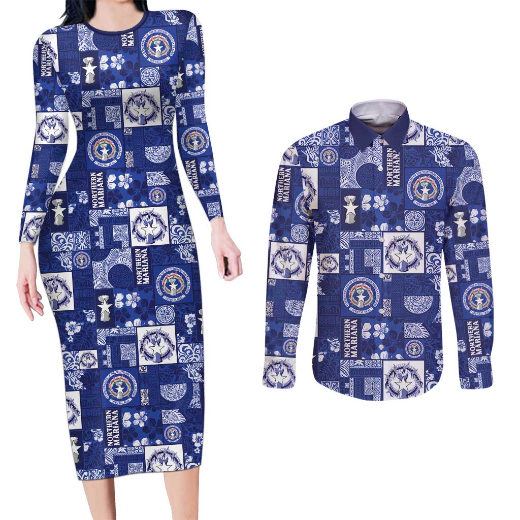 Northern Mariana Islands Magof Nochebuena Couples Matching Long Sleeve Bodycon Dress and Long Sleeve Button Shirt Pacific Patchwork Xmas Vibes LT9 Blue - Polynesian Pride