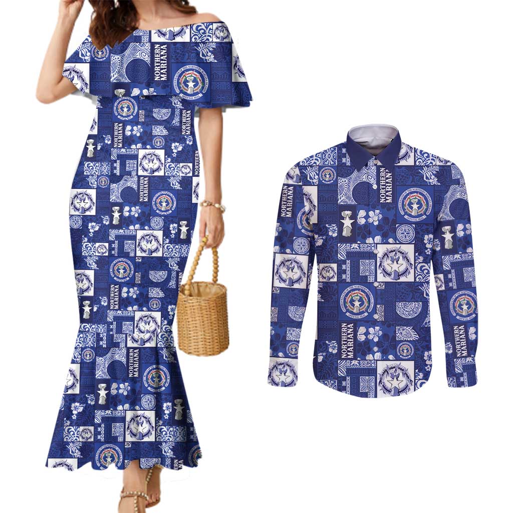 Northern Mariana Islands Magof Nochebuena Couples Matching Mermaid Dress and Long Sleeve Button Shirt Pacific Patchwork Xmas Vibes LT9 Blue - Polynesian Pride