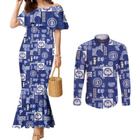 Northern Mariana Islands Magof Nochebuena Couples Matching Mermaid Dress and Long Sleeve Button Shirt Pacific Patchwork Xmas Vibes LT9 Blue - Polynesian Pride