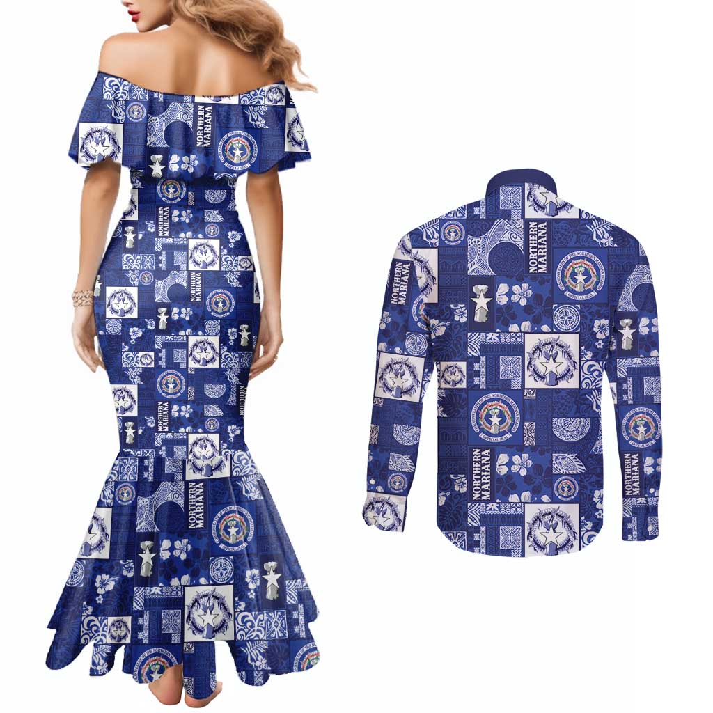 Northern Mariana Islands Magof Nochebuena Couples Matching Mermaid Dress and Long Sleeve Button Shirt Pacific Patchwork Xmas Vibes LT9 - Polynesian Pride
