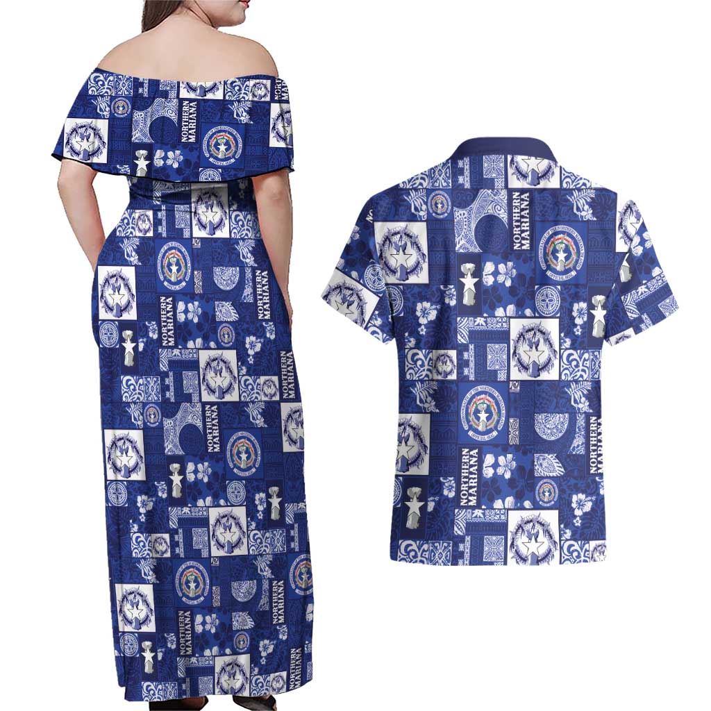 Northern Mariana Islands Magof Nochebuena Couples Matching Off Shoulder Maxi Dress and Hawaiian Shirt Pacific Patchwork Xmas Vibes LT9 - Polynesian Pride