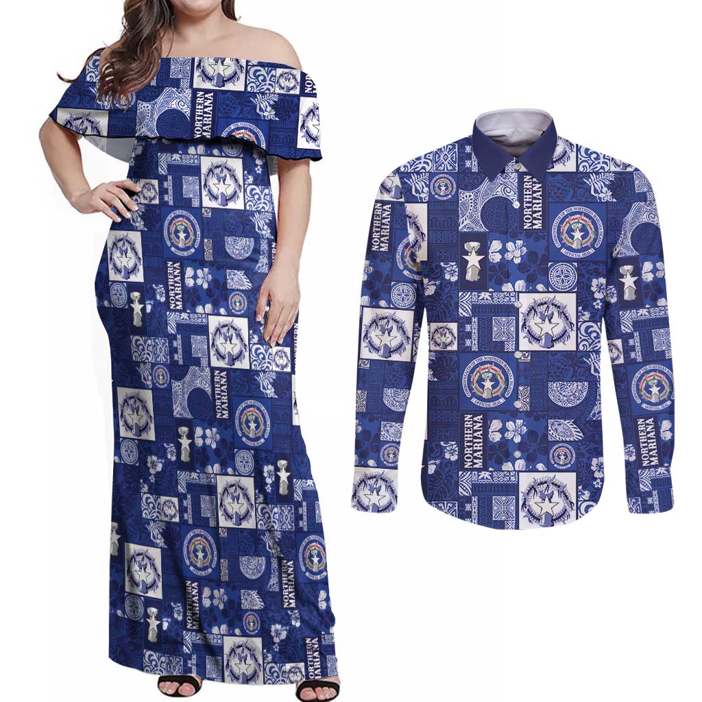 Northern Mariana Islands Magof Nochebuena Couples Matching Off Shoulder Maxi Dress and Long Sleeve Button Shirt Pacific Patchwork Xmas Vibes LT9 Blue - Polynesian Pride