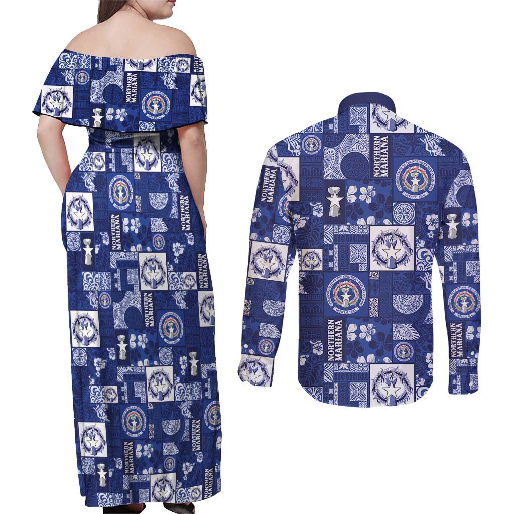 Northern Mariana Islands Magof Nochebuena Couples Matching Off Shoulder Maxi Dress and Long Sleeve Button Shirt Pacific Patchwork Xmas Vibes LT9 - Polynesian Pride