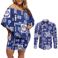 Northern Mariana Islands Magof Nochebuena Couples Matching Off Shoulder Short Dress and Long Sleeve Button Shirt Pacific Patchwork Xmas Vibes LT9 Blue - Polynesian Pride