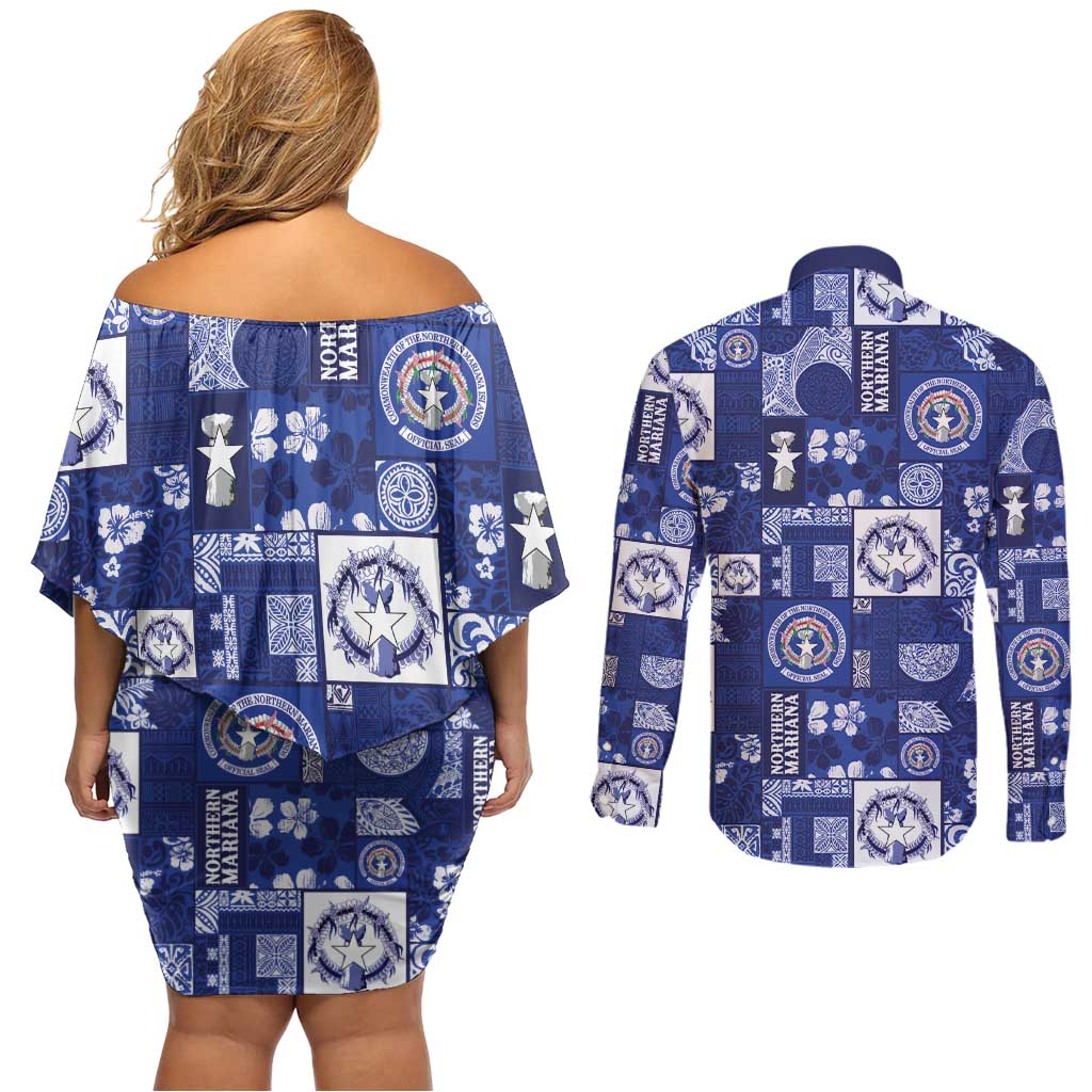 Northern Mariana Islands Magof Nochebuena Couples Matching Off Shoulder Short Dress and Long Sleeve Button Shirt Pacific Patchwork Xmas Vibes LT9 - Polynesian Pride