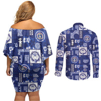 Northern Mariana Islands Magof Nochebuena Couples Matching Off Shoulder Short Dress and Long Sleeve Button Shirt Pacific Patchwork Xmas Vibes LT9 - Polynesian Pride