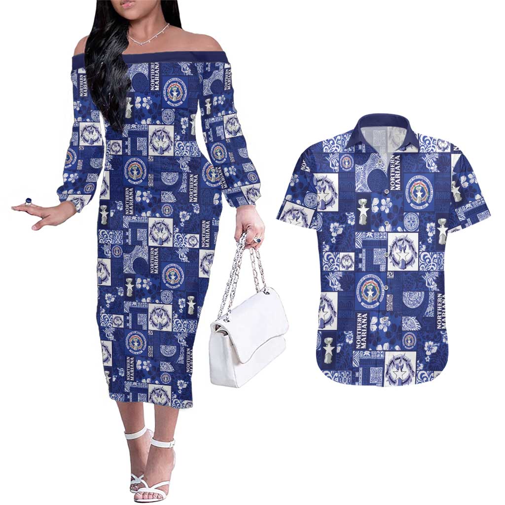 Northern Mariana Islands Magof Nochebuena Couples Matching Off The Shoulder Long Sleeve Dress and Hawaiian Shirt Pacific Patchwork Xmas Vibes LT9 Blue - Polynesian Pride