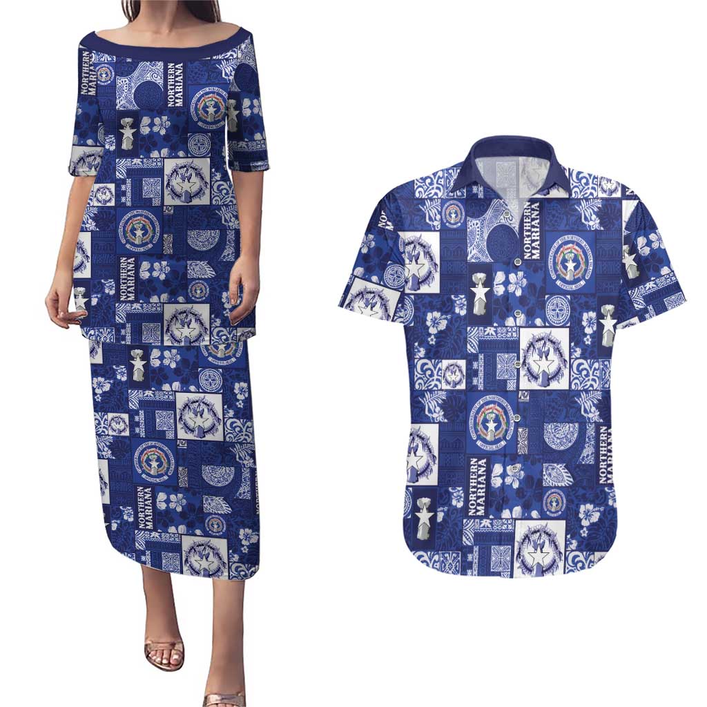 Northern Mariana Islands Magof Nochebuena Couples Matching Puletasi and Hawaiian Shirt Pacific Patchwork Xmas Vibes LT9 Blue - Polynesian Pride