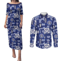 Northern Mariana Islands Magof Nochebuena Couples Matching Puletasi and Long Sleeve Button Shirt Pacific Patchwork Xmas Vibes LT9 Blue - Polynesian Pride