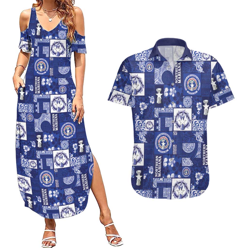 Northern Mariana Islands Magof Nochebuena Couples Matching Summer Maxi Dress and Hawaiian Shirt Pacific Patchwork Xmas Vibes LT9 Blue - Polynesian Pride