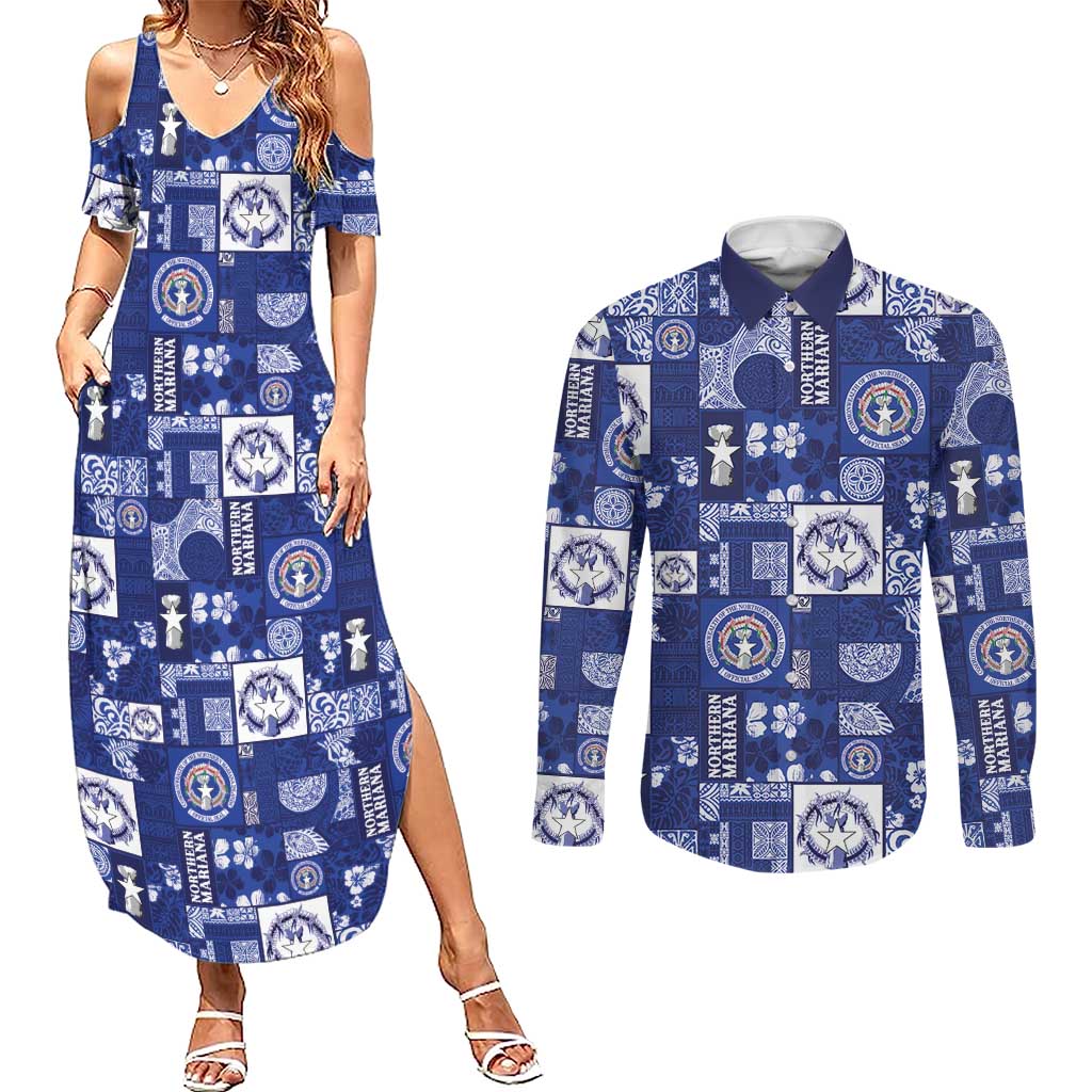 Northern Mariana Islands Magof Nochebuena Couples Matching Summer Maxi Dress and Long Sleeve Button Shirt Pacific Patchwork Xmas Vibes LT9 Blue - Polynesian Pride