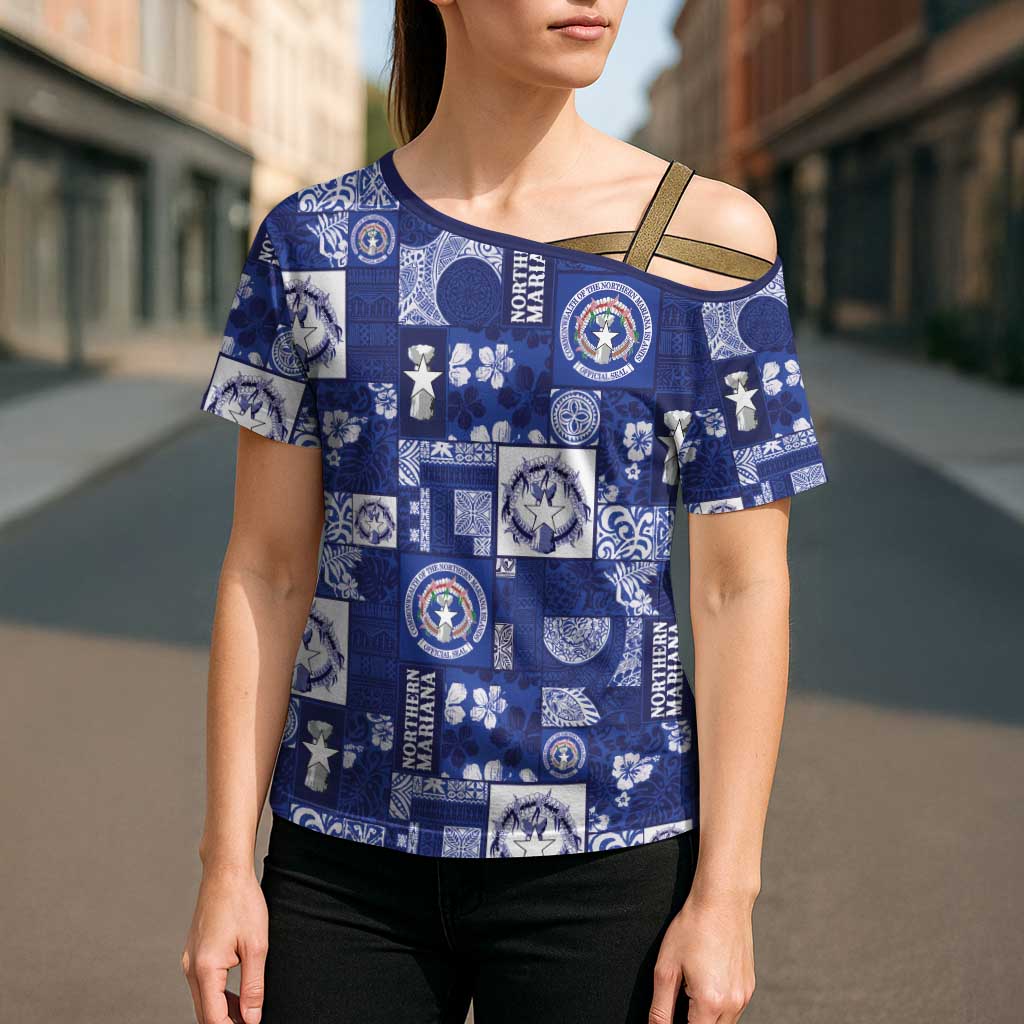 Northern Mariana Islands Magof Nochebuena Cross Shoulder Shirt Pacific Patchwork Xmas Vibes - Polynesian Pride