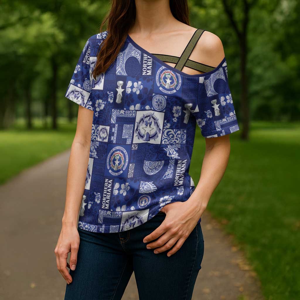 Northern Mariana Islands Magof Nochebuena Cross Shoulder Shirt Pacific Patchwork Xmas Vibes - Polynesian Pride