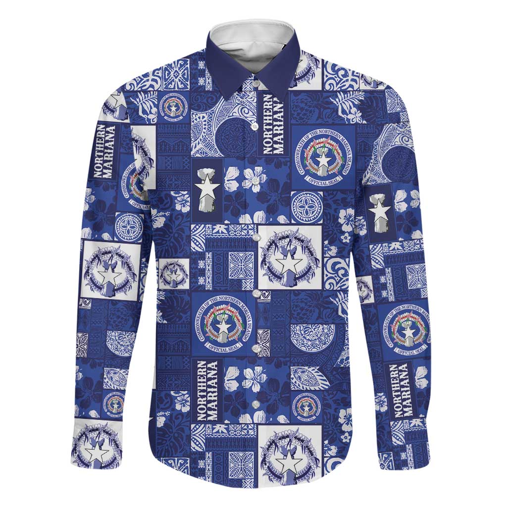 Northern Mariana Islands Magof Nochebuena Family Matching Mermaid Dress and Hawaiian Shirt Pacific Patchwork Xmas Vibes LT9 Dad's Shirt - Long Sleeve Blue - Polynesian Pride