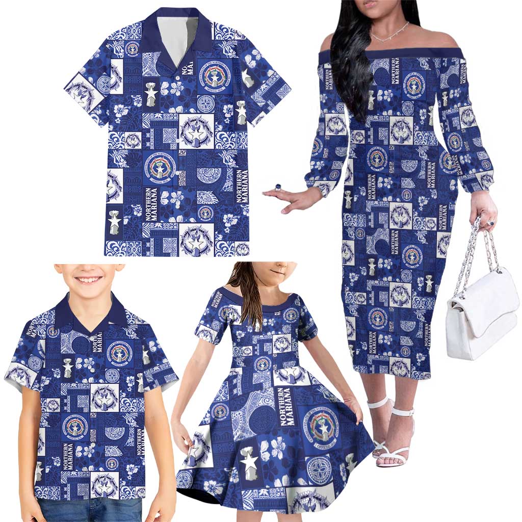 Northern Mariana Islands Magof Nochebuena Family Matching Off The Shoulder Long Sleeve Dress and Hawaiian Shirt Pacific Patchwork Xmas Vibes LT9 - Polynesian Pride