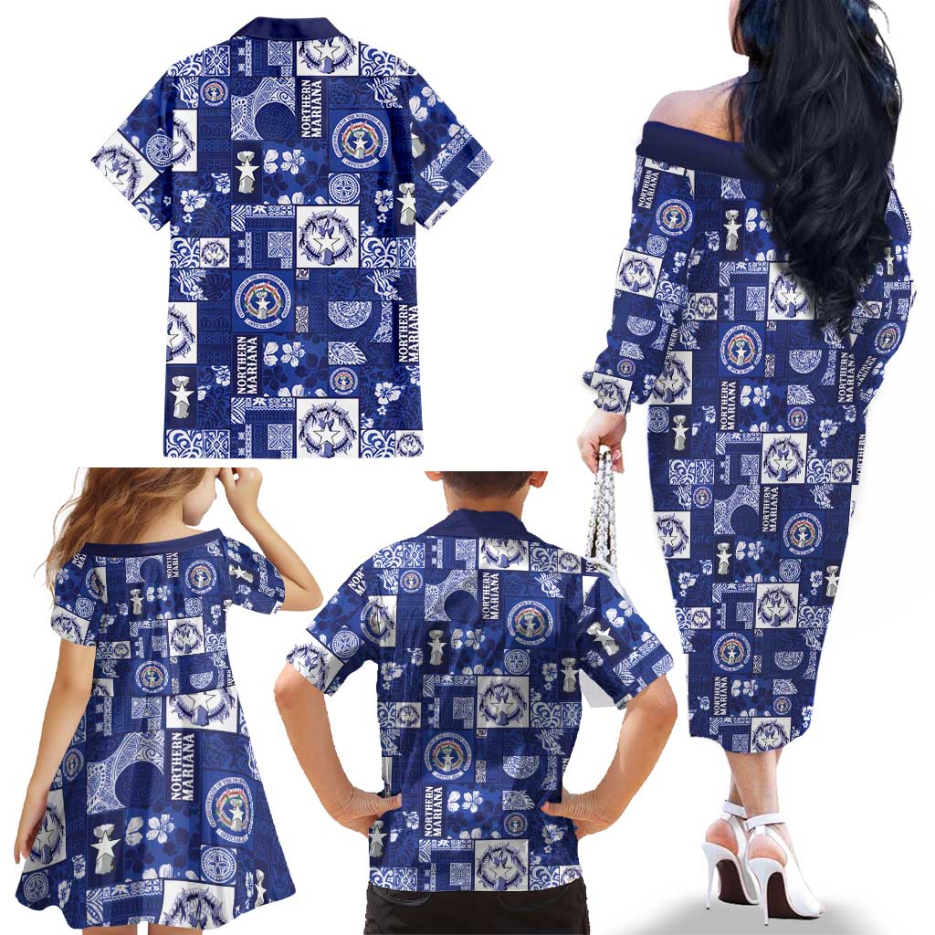 Northern Mariana Islands Magof Nochebuena Family Matching Off The Shoulder Long Sleeve Dress and Hawaiian Shirt Pacific Patchwork Xmas Vibes LT9 - Polynesian Pride