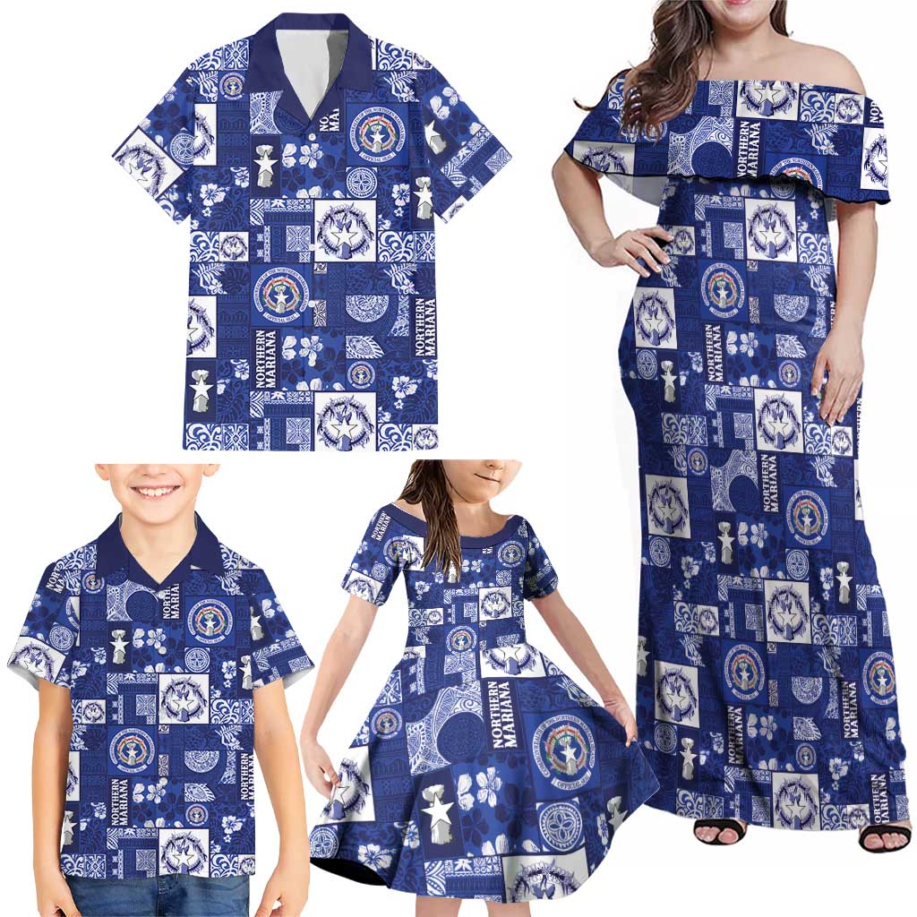 Northern Mariana Islands Magof Nochebuena Family Matching Off Shoulder Maxi Dress and Hawaiian Shirt Pacific Patchwork Xmas Vibes LT9 - Polynesian Pride