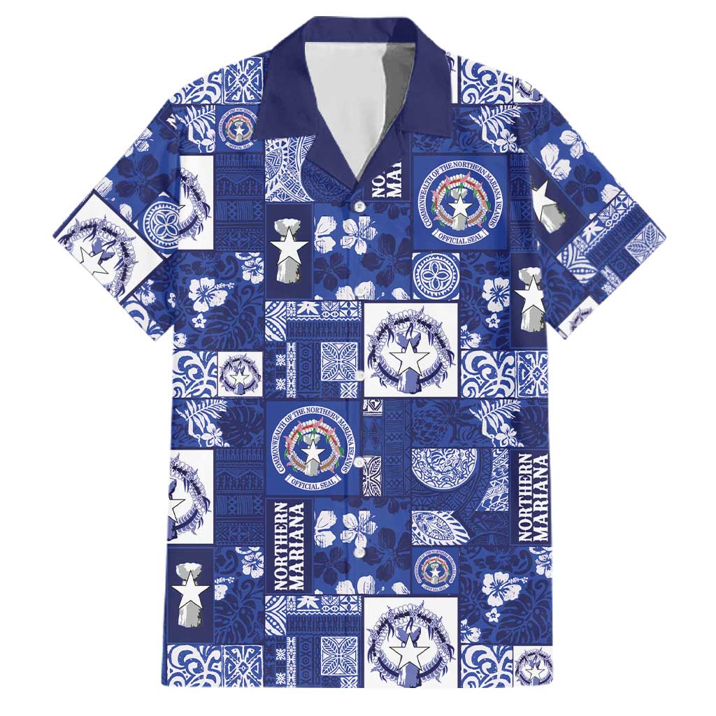 Northern Mariana Islands Magof Nochebuena Family Matching Off Shoulder Maxi Dress and Hawaiian Shirt Pacific Patchwork Xmas Vibes LT9 Dad's Shirt - Short Sleeve Blue - Polynesian Pride