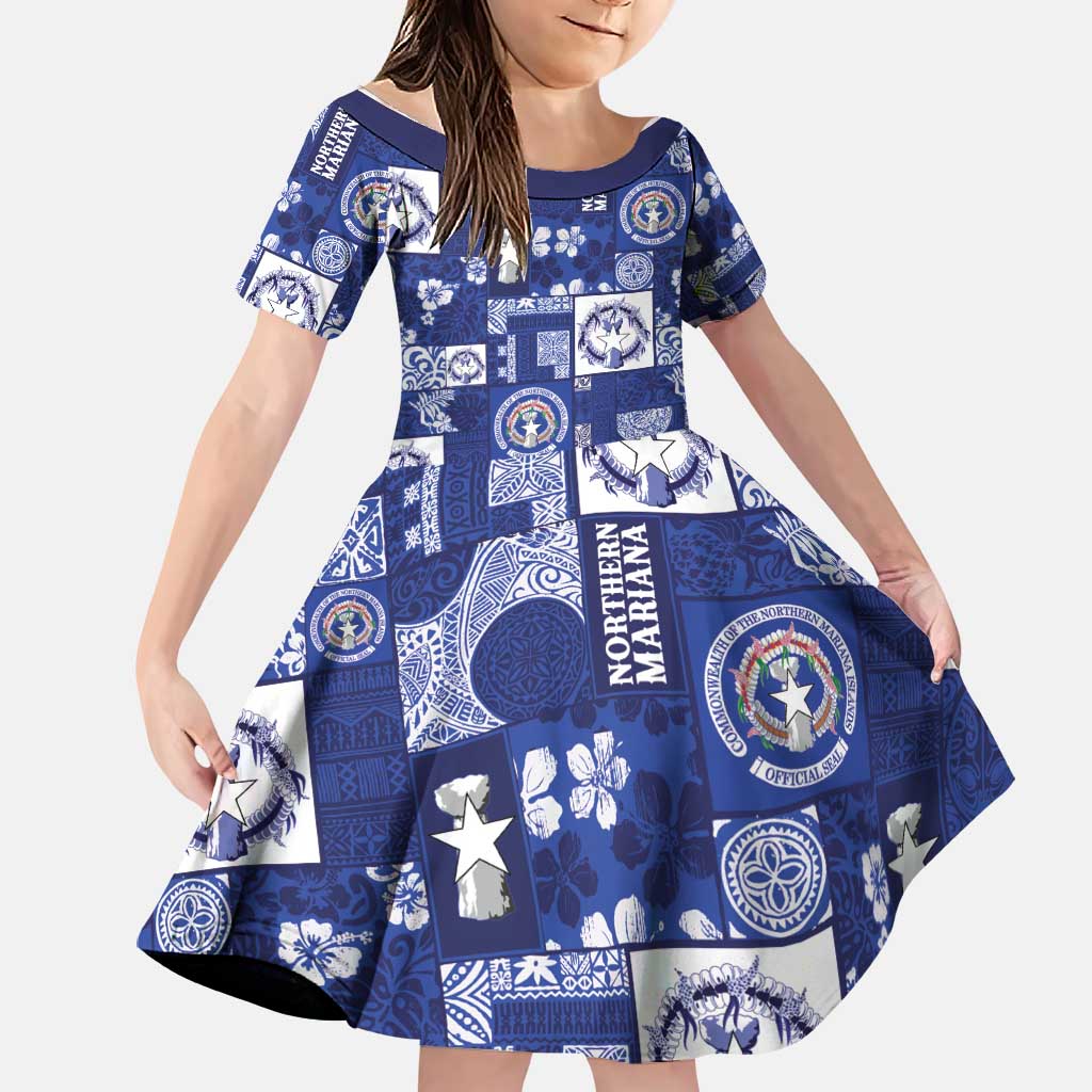 Northern Mariana Islands Magof Nochebuena Family Matching Puletasi and Hawaiian Shirt Pacific Patchwork Xmas Vibes LT9 Daughter's Dress Blue - Polynesian Pride