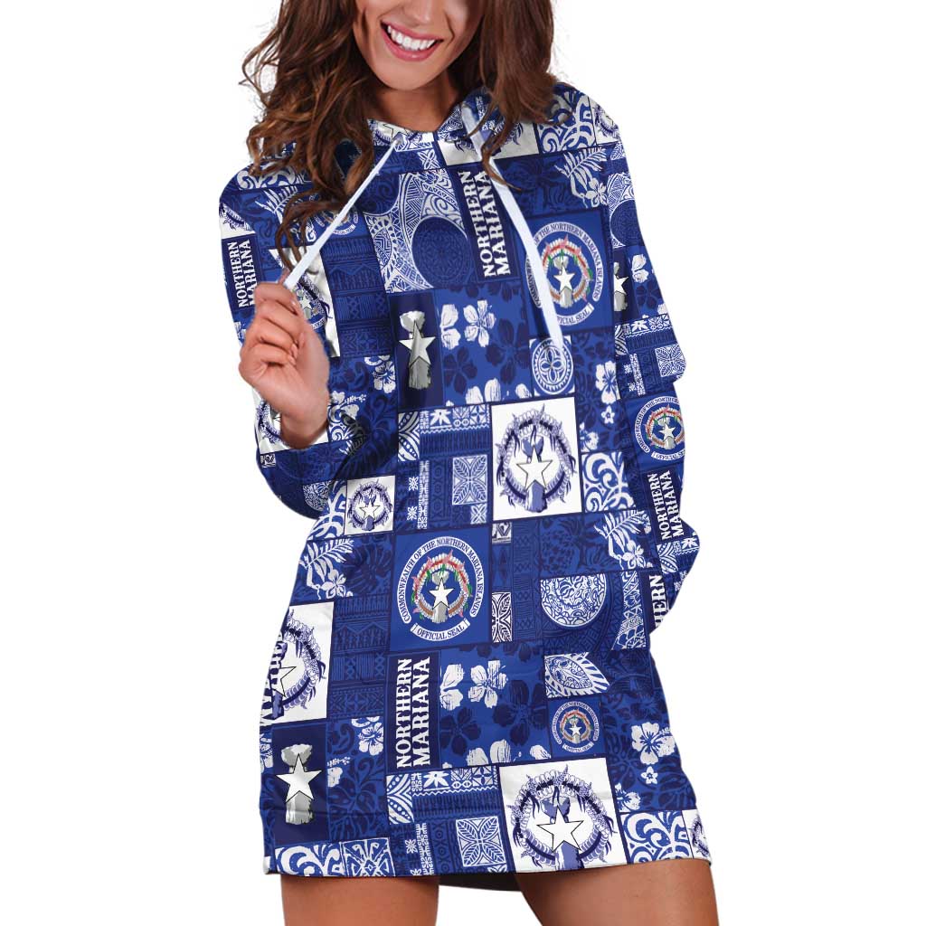 Northern Mariana Islands Magof Nochebuena Hoodie Dress Pacific Patchwork Xmas Vibes LT9 Blue - Polynesian Pride