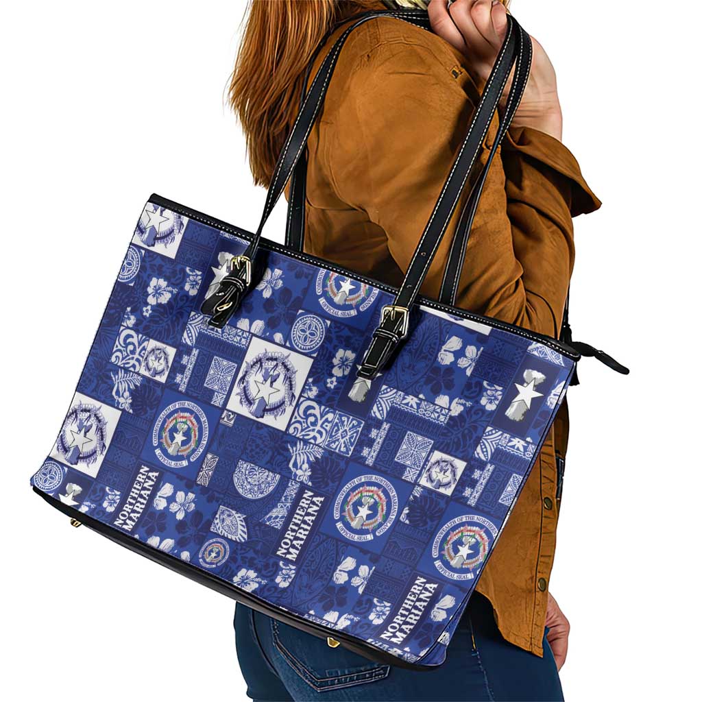 Northern Mariana Islands Magof Nochebuena Leather Tote Bag Pacific Patchwork Xmas Vibes - Polynesian Pride