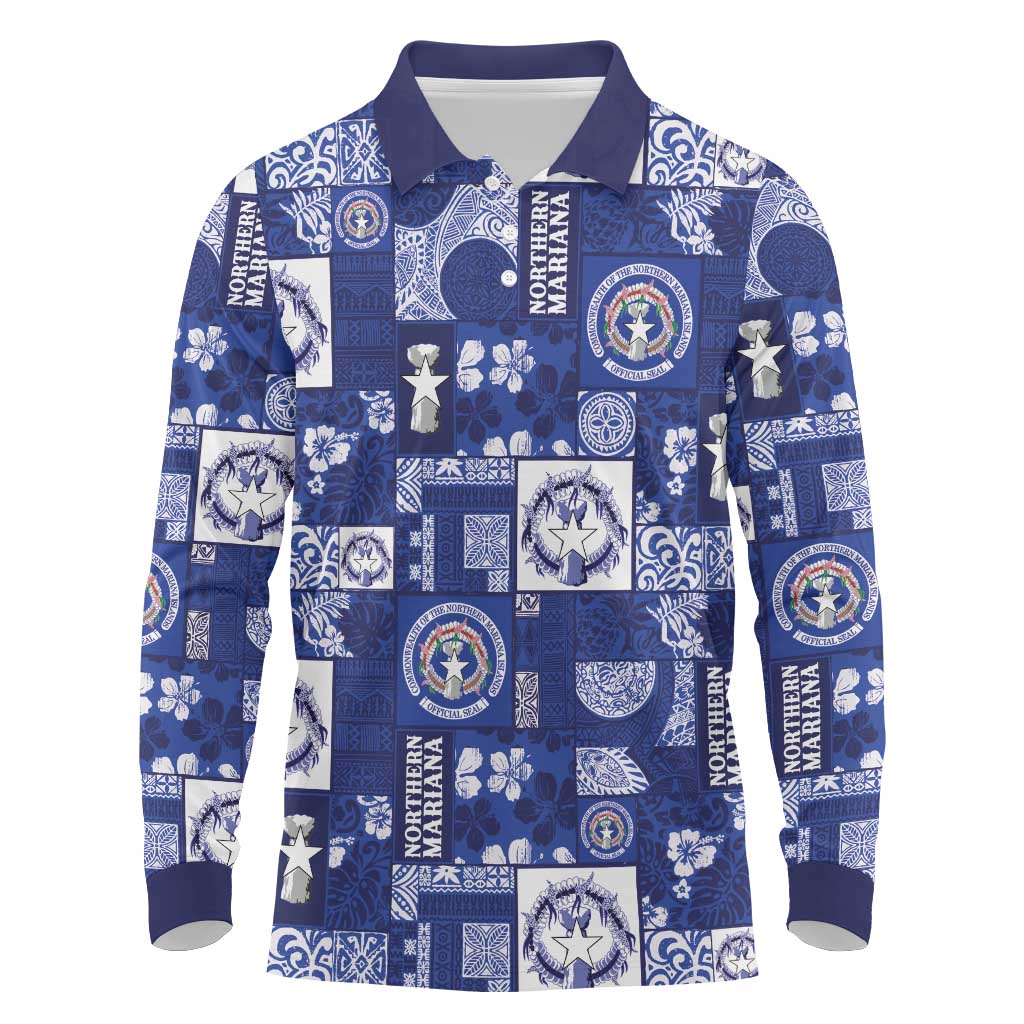 Northern Mariana Islands Magof Nochebuena Long Sleeve Polo Shirt Pacific Patchwork Xmas Vibes LT9 Blue - Polynesian Pride
