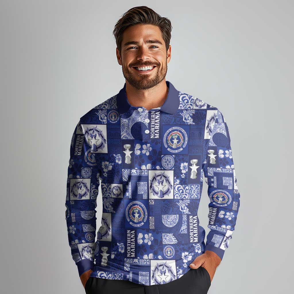 Northern Mariana Islands Magof Nochebuena Long Sleeve Polo Shirt Pacific Patchwork Xmas Vibes LT9 - Polynesian Pride