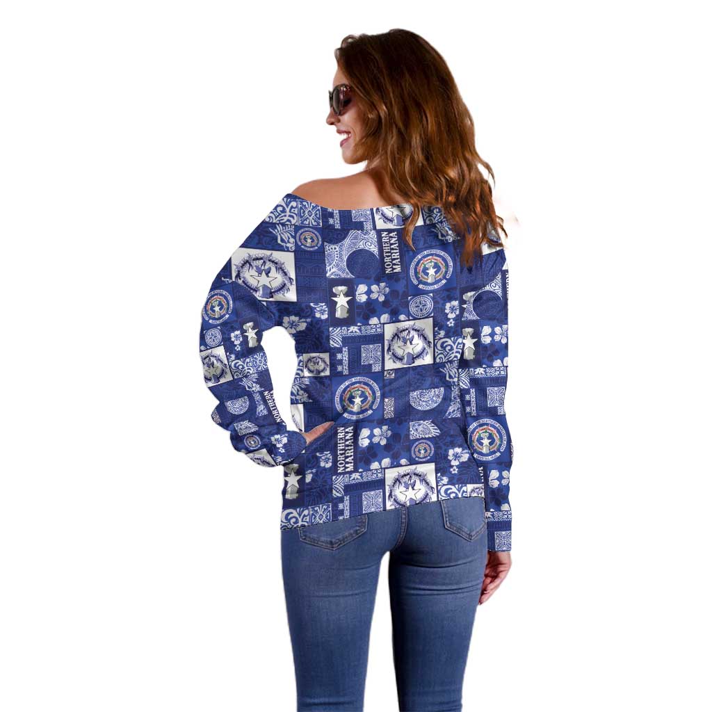 Northern Mariana Islands Magof Nochebuena Off Shoulder Sweater Pacific Patchwork Xmas Vibes - Polynesian Pride
