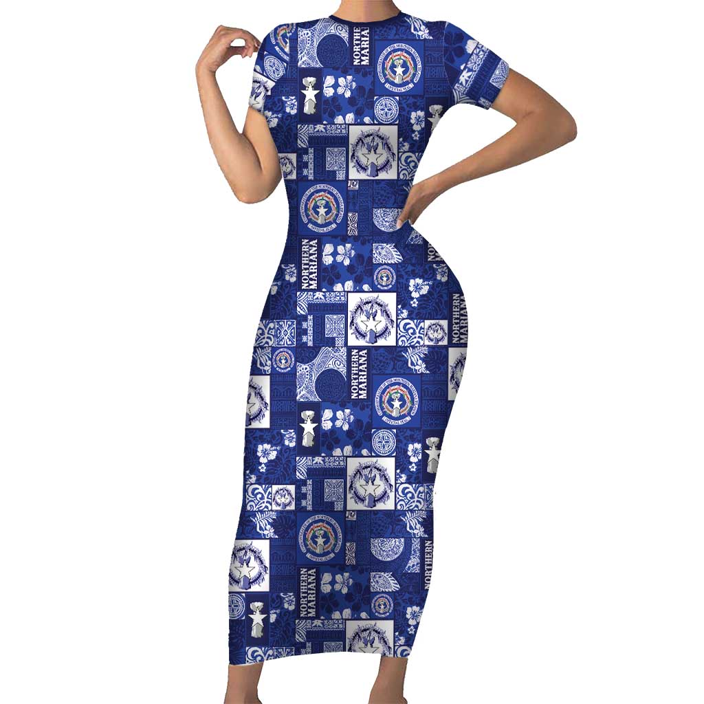 Northern Mariana Islands Magof Nochebuena Short Sleeve Bodycon Dress Pacific Patchwork Xmas Vibes LT9 Long Dress Blue - Polynesian Pride