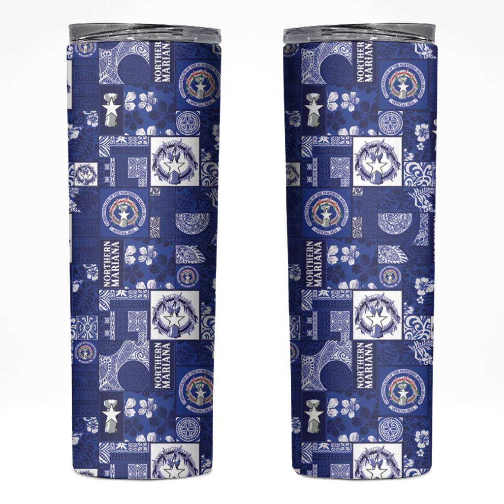 Northern Mariana Islands Magof Nochebuena Skinny Tumbler Pacific Patchwork Xmas Vibes LT9 Blue - Polynesian Pride