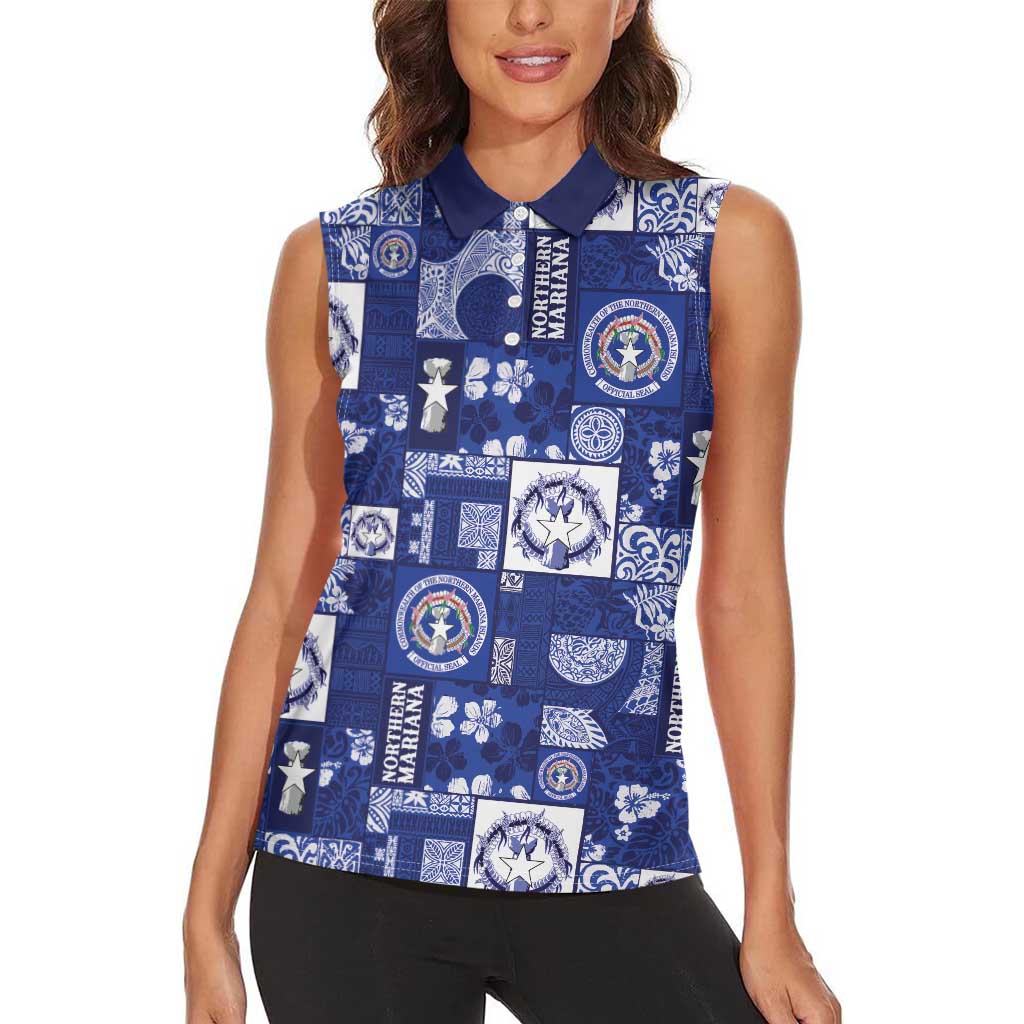 Northern Mariana Islands Magof Nochebuena Women Sleeveless Polo Shirt Pacific Patchwork Xmas Vibes LT9 - Polynesian Pride