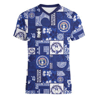Northern Mariana Islands Magof Nochebuena Women V-Neck T-Shirt Pacific Patchwork Xmas Vibes LT9 Female Blue - Polynesian Pride