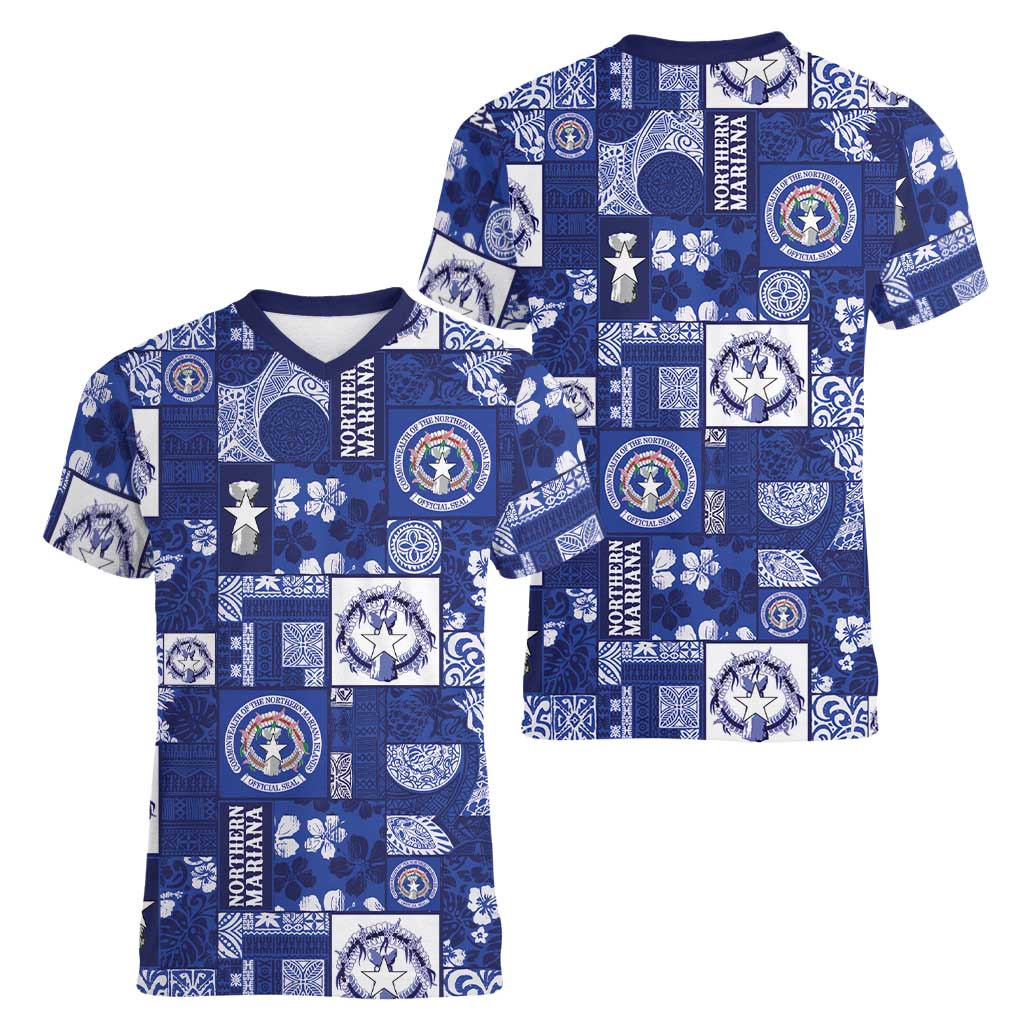 Northern Mariana Islands Magof Nochebuena Women V-Neck T-Shirt Pacific Patchwork Xmas Vibes LT9 - Polynesian Pride