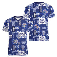 Northern Mariana Islands Magof Nochebuena Women V-Neck T-Shirt Pacific Patchwork Xmas Vibes LT9 - Polynesian Pride