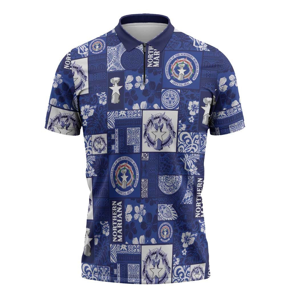 Northern Mariana Islands Magof Nochebuena Zipper Polo Shirt Pacific Patchwork Xmas Vibes LT9 Blue - Polynesian Pride