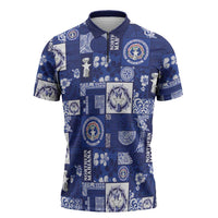 Northern Mariana Islands Magof Nochebuena Zipper Polo Shirt Pacific Patchwork Xmas Vibes LT9 Blue - Polynesian Pride