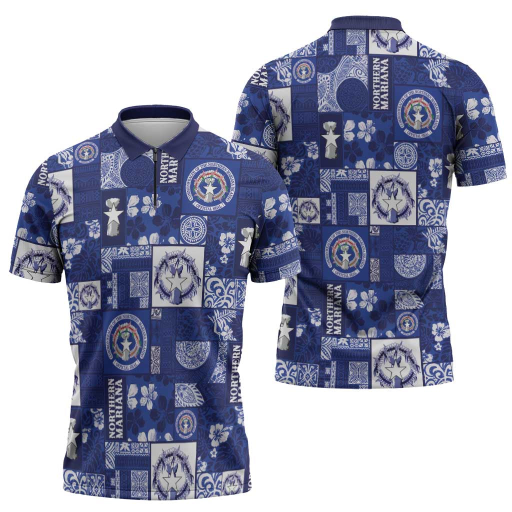 Northern Mariana Islands Magof Nochebuena Zipper Polo Shirt Pacific Patchwork Xmas Vibes LT9 - Polynesian Pride