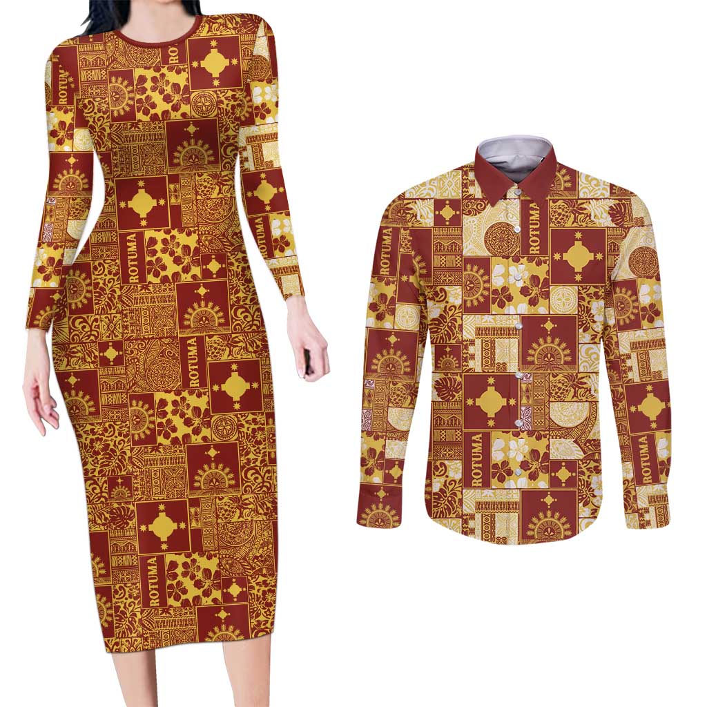 Rotuma Faiakse'ea 'e Kirisimasi Couples Matching Long Sleeve Bodycon Dress and Long Sleeve Button Shirt Pacific Patchwork Xmas Vibes - Polynesian Pride