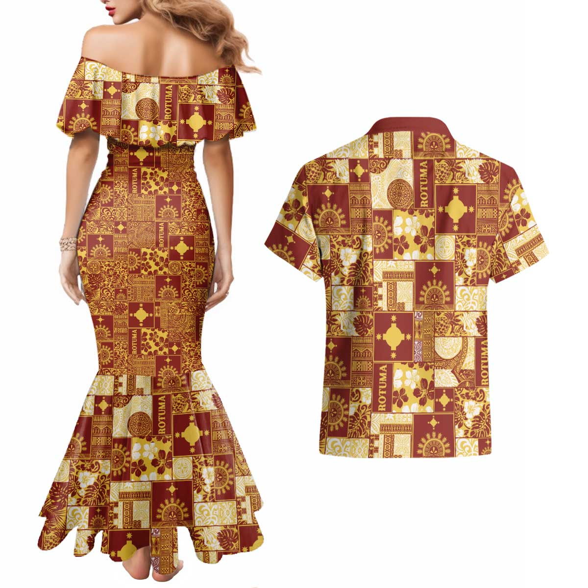 Rotuma Faiakse'ea 'e Kirisimasi Couples Matching Mermaid Dress and Hawaiian Shirt Pacific Patchwork Xmas Vibes - Polynesian Pride