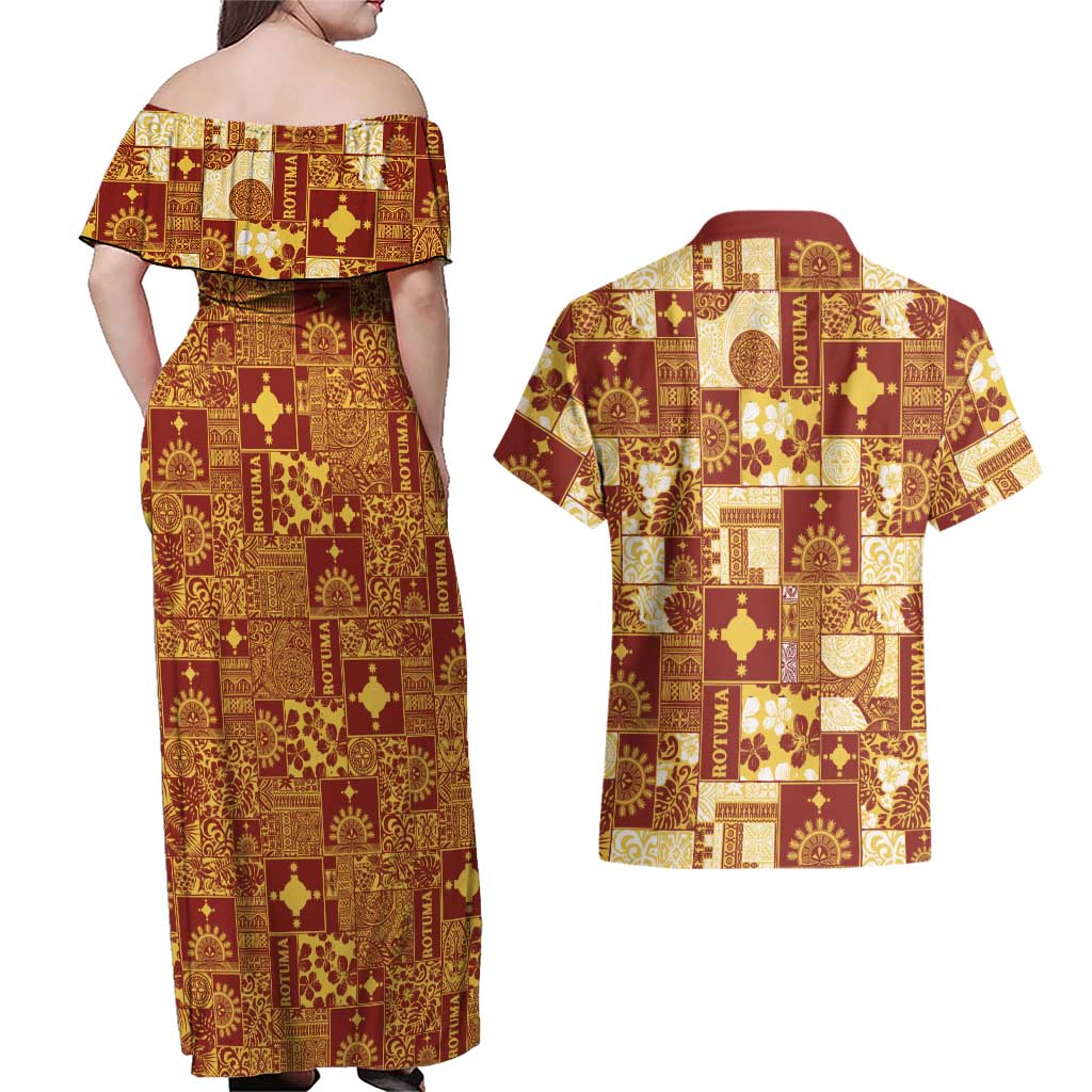 Rotuma Faiakse'ea 'e Kirisimasi Couples Matching Off Shoulder Maxi Dress and Hawaiian Shirt Pacific Patchwork Xmas Vibes - Polynesian Pride