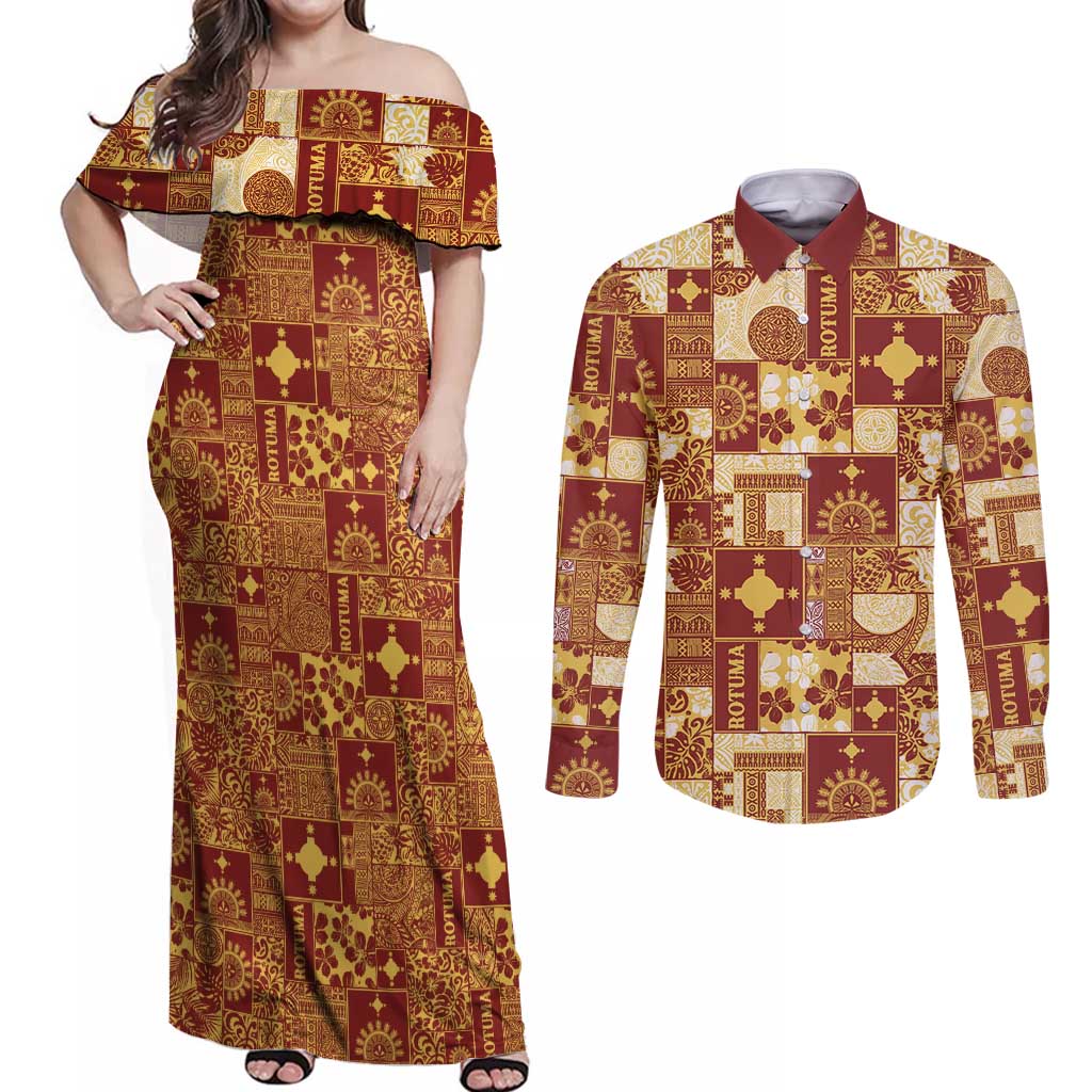 Rotuma Faiakse'ea 'e Kirisimasi Couples Matching Off Shoulder Maxi Dress and Long Sleeve Button Shirt Pacific Patchwork Xmas Vibes LT9 Red - Polynesian Pride