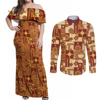 Rotuma Faiakse'ea 'e Kirisimasi Couples Matching Off Shoulder Maxi Dress and Long Sleeve Button Shirt Pacific Patchwork Xmas Vibes LT9 Red - Polynesian Pride